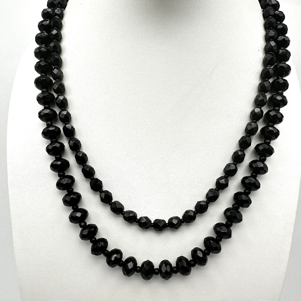 Vintage 90s Black Faceted Bead Double Strand Necklace Lobster Women's Jewelry